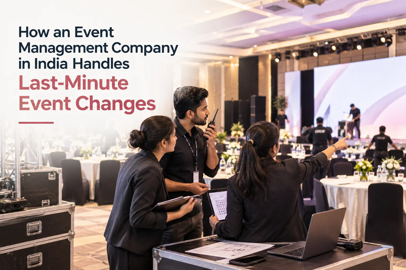 Event managers coordinating in a banquet hall with a stage, round tables, and equipment cases, illustrating how event companies handle last-minute changes.
