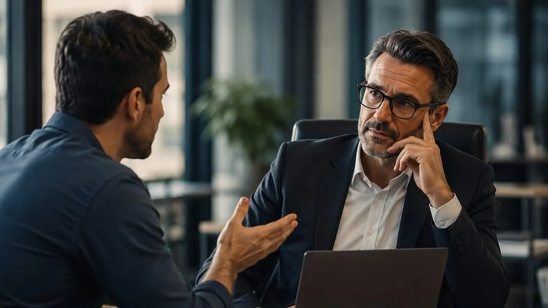 A businessman in a suit and glasses listens thoughtfully to a colleague gesturing during a meeting at a desk with a laptop in a modern office. 